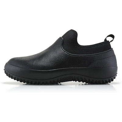 Black garden clog with stretch neoprene collar insert and rear pull tab, side profile view displaying rubber upper construction and lugged outsole design