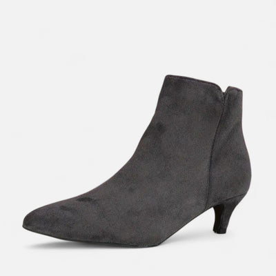Grey suede kitten heel ankle boots with pointed toe and side zip closure, paired three-quarter view showing low tapered heel and minimalist upper construction
