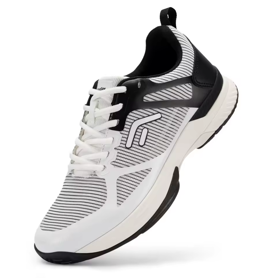 White athletic sneaker with black synthetic leather heel counter and striped mesh panels, angled view showing off-white midsole and charcoal rubber outsole construction