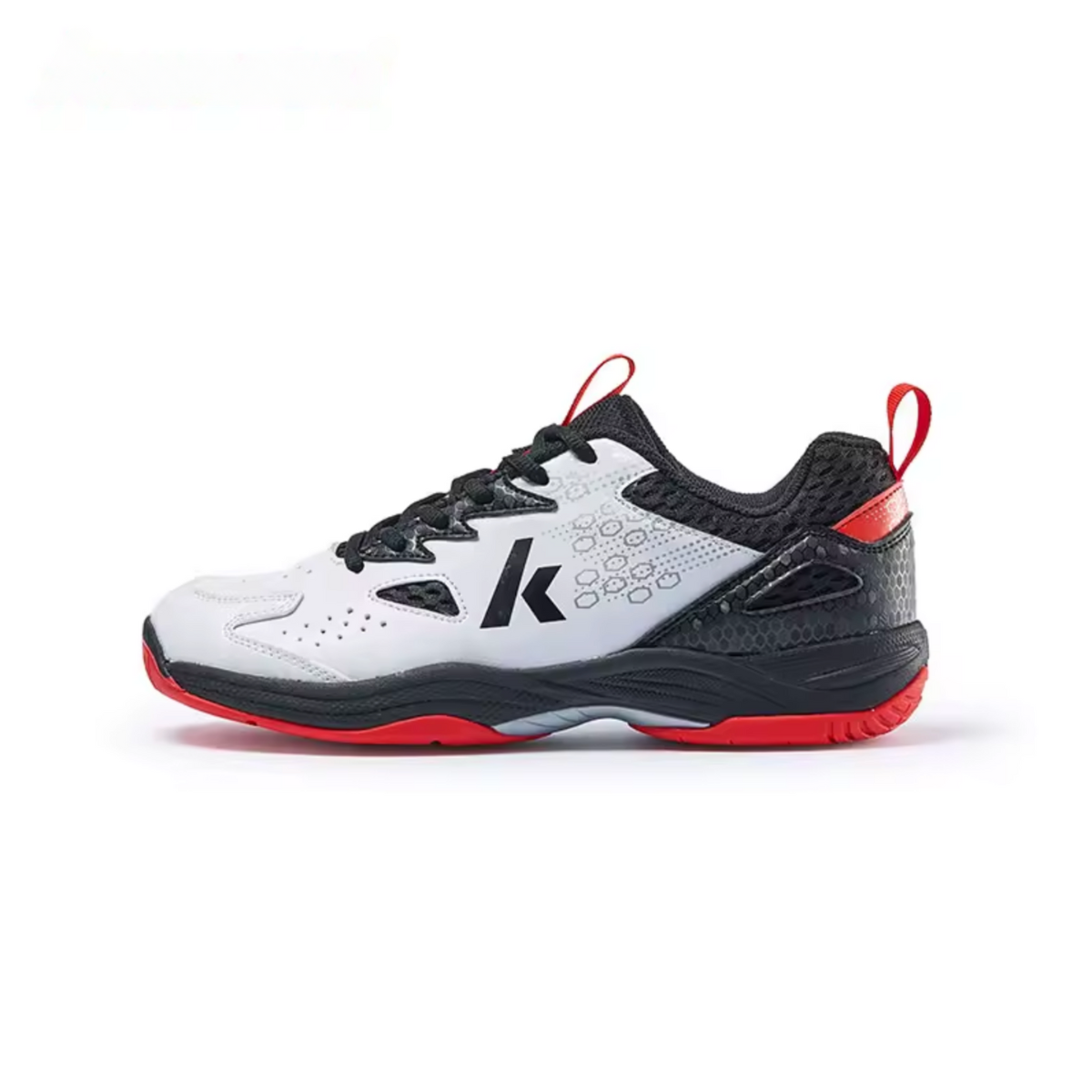 White athletic court trainer with black mesh panels and red accent details, side profile view showing breathable upper construction and cushioned sole design