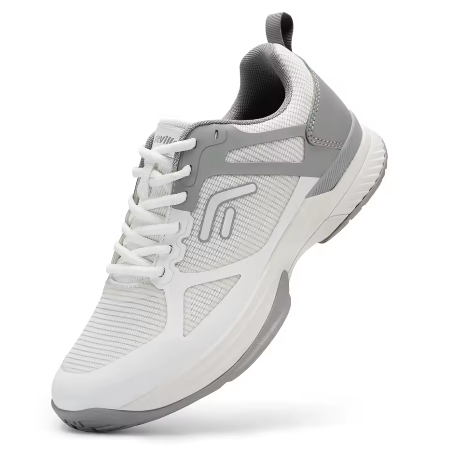 White casual sport shoe with grey mesh overlay sections and tonal stitching details, elevated three-quarter perspective featuring two-tone midsole and light grey bottom unit