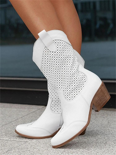 White synthetic leather western boots with laser-cut perforated panel detailing and wood-look stacked block heel, on-model side view showing mid-calf shaft height and pull-on construction
