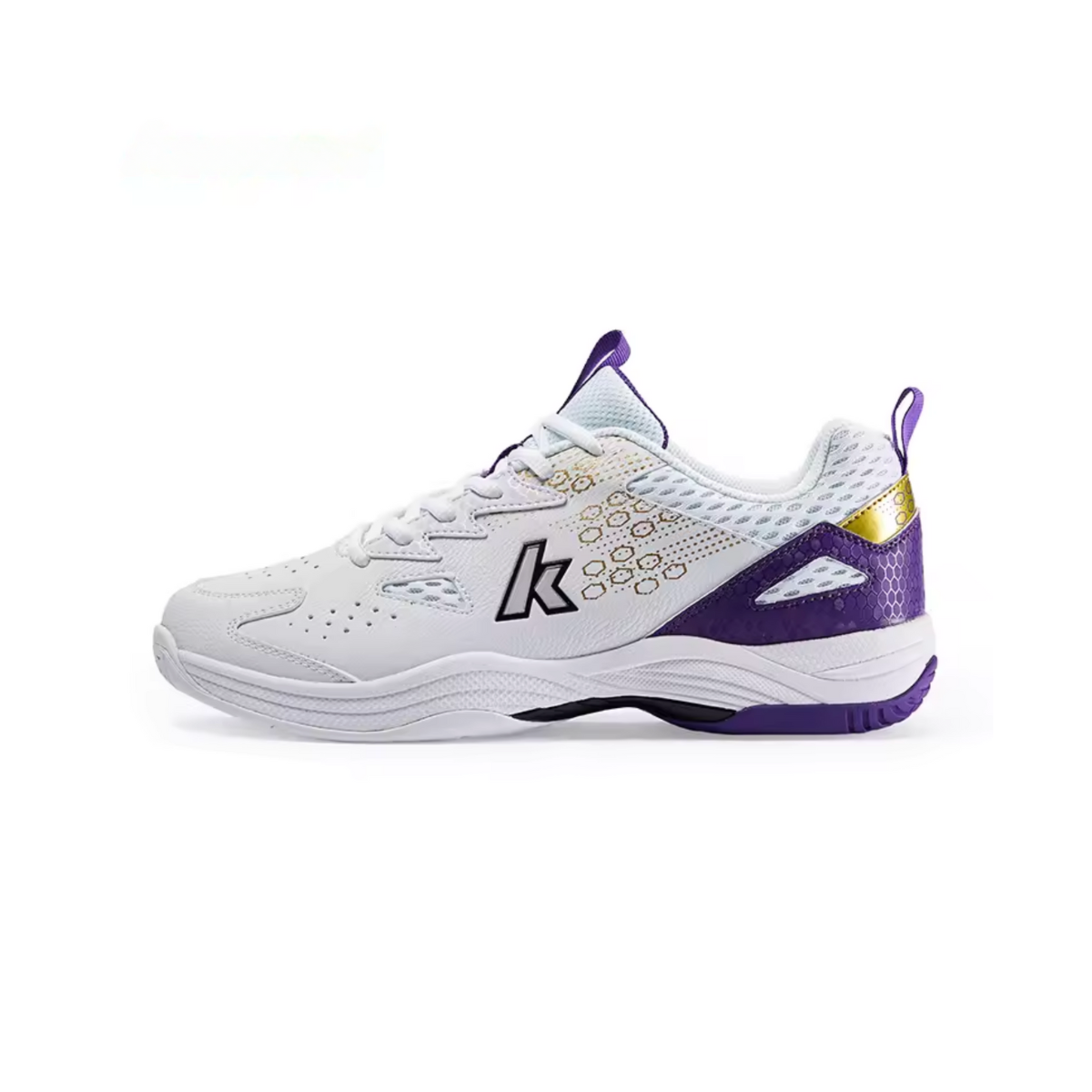 White synthetic leather indoor sport shoe with purple heel counter and yellow accent tab, lateral view displaying perforated upper and textured grip sole