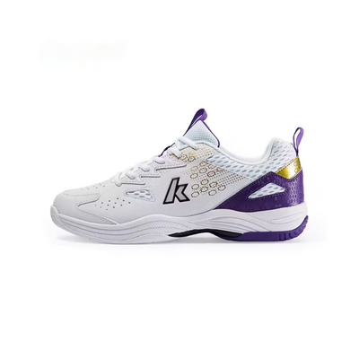 White synthetic leather indoor sport shoe with purple heel counter and yellow accent tab, lateral view displaying perforated upper and textured grip sole
