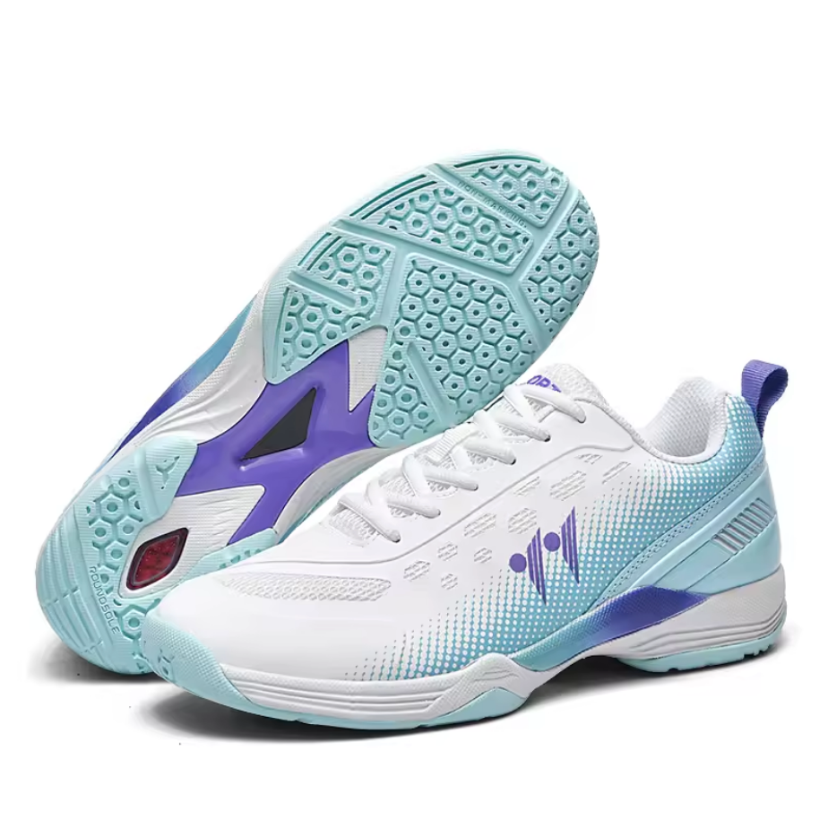 White indoor court shoe with purple diagonal stripe and mint green gradient detailing, dual view displaying geometric hexagon grip sole pattern and breathable mesh construction