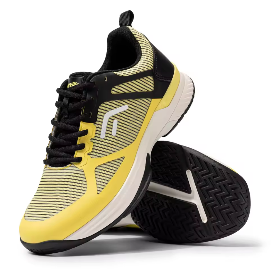 Yellow running trainer with black collar and diagonal stripe pattern upper, paired view displaying cream midsole and black herringbone tread outsole design